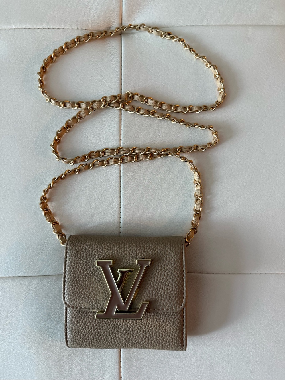 Designer Inspired Taupe Leather Chain Mini Crossbody Bag